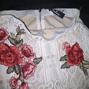 Lulu's Cream Lace Dress with Red Floral Embroidery